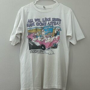 Belton Tough Tee Men’s Vintage Graphic Sheep Highway to Hell T Shirt Large White